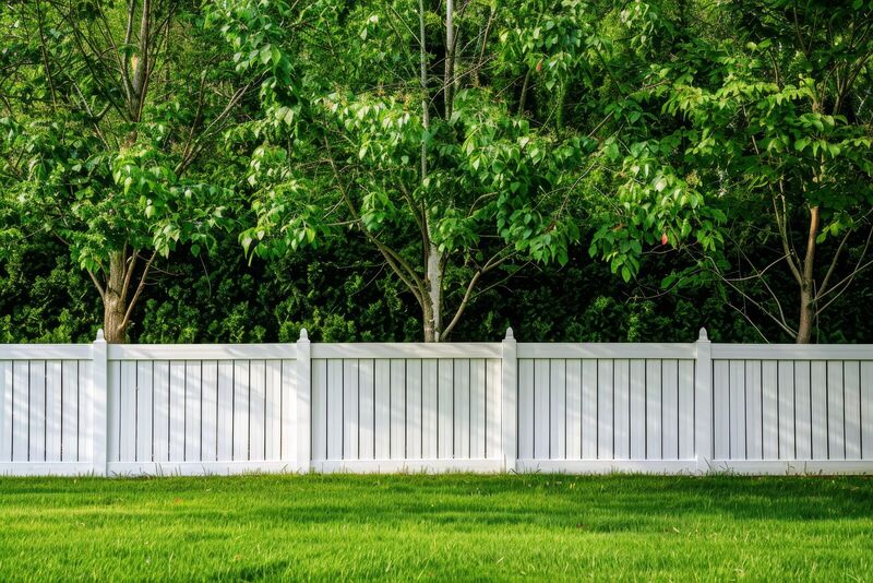 White vinyl semi-private fence with narrow gaps in front of a tall green hedge