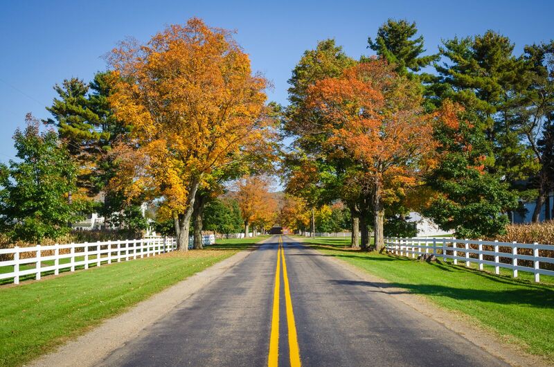 White vinyl three-rail fence lining an autumn country road